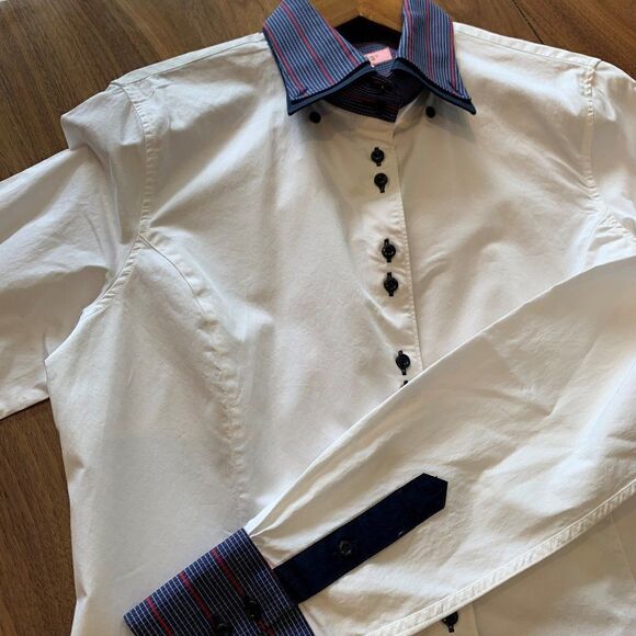 Xoos mens style long sleeve shirt, 100% cotton, red navy trim, womens 44… - Picture 3 of 15